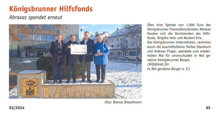abraxas spendet wiederholt für Königsbrunner Hilfsfonds